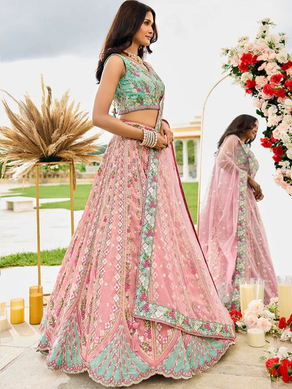 Pink Green Sequins embroidery Tissue Lehenga 6113