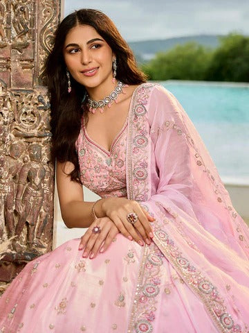 Silk Fabric Beads & Sequence Embroidered Pink Lehenga Choli & Dupatta