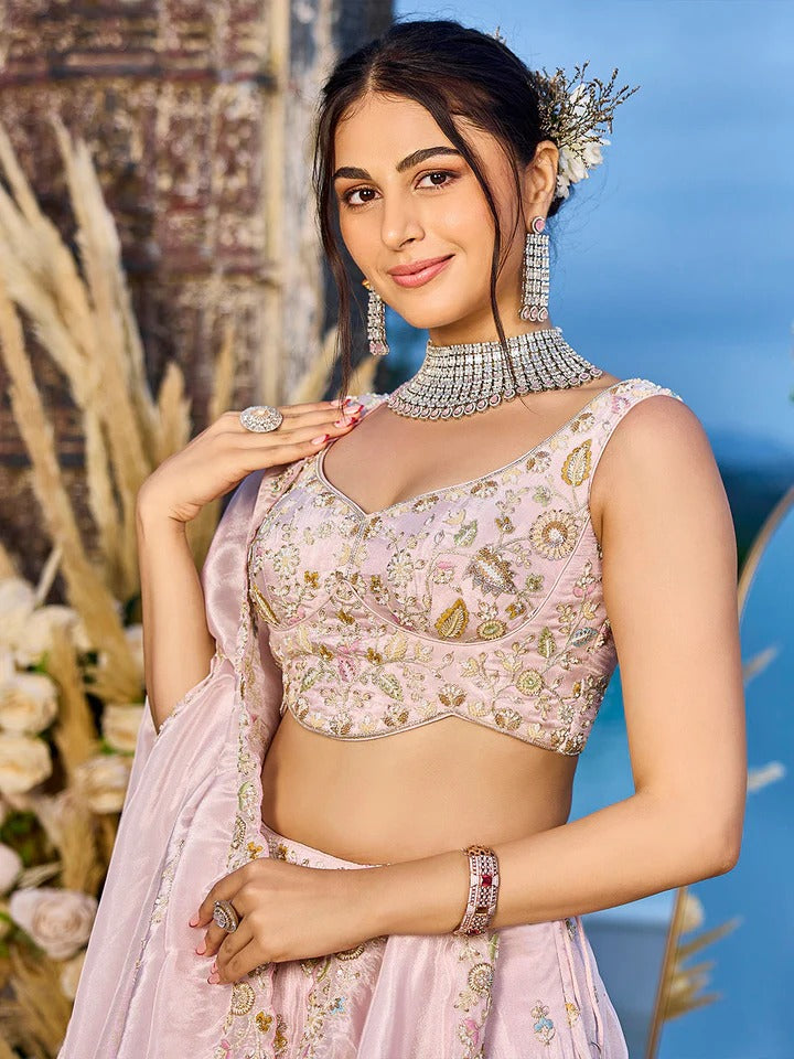 Tissue Fabric Beads & Sequence Embroidered Pink Lehenga Choli & Dupatta