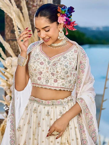 Silk Fabric Beads & Sequence Embroidered Pink Lehenga Choli & Dupatta
