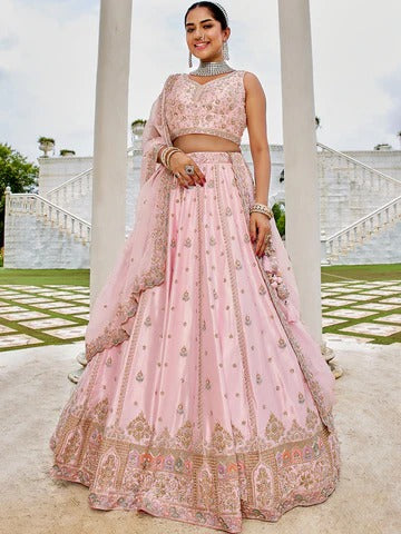 Silk Fabric Beads & Sequence Embroidered Light pink Lehenga Choli