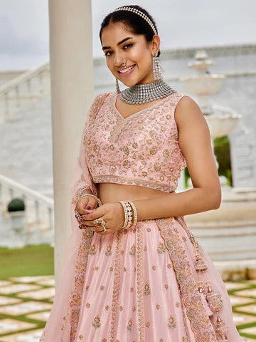 Silk Fabric Beads & Sequence Embroidered Light pink Lehenga Choli