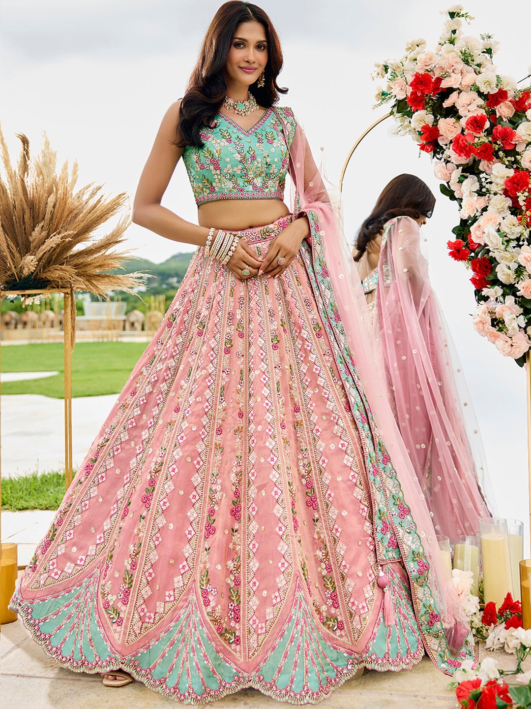Pink Green Sequins embroidery Tissue Lehenga 6113
