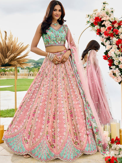 Pink Green Sequins embroidery Tissue Lehenga 6113