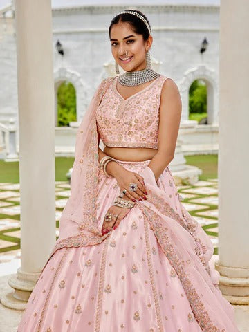 Silk Fabric Beads & Sequence Embroidered Light pink Lehenga Choli