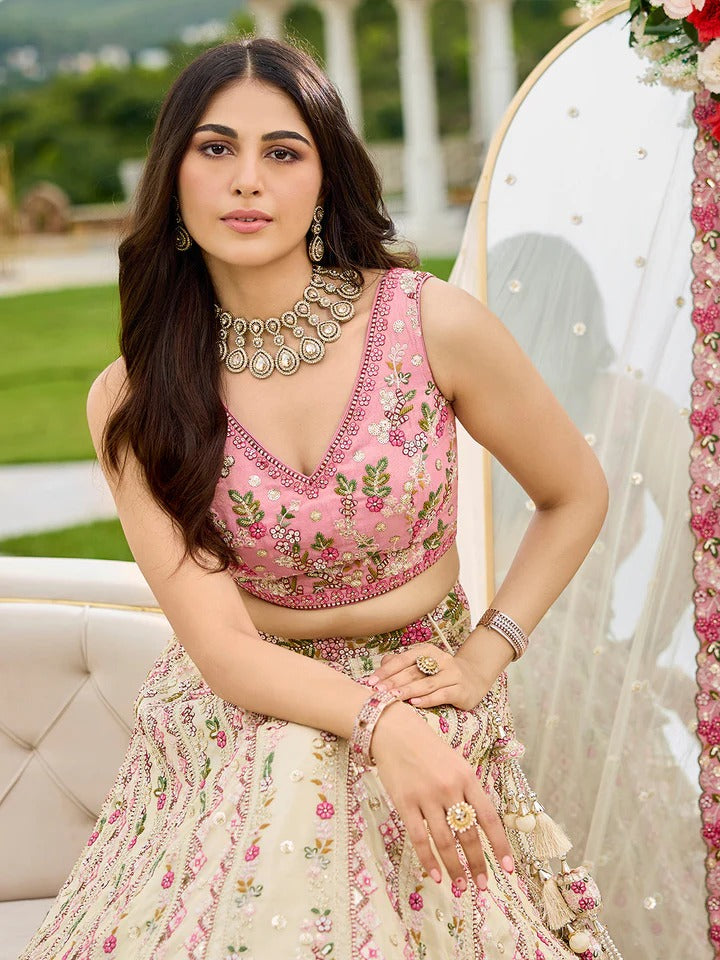 Pink Green Sequins embroidery Tissue Lehenga 6113