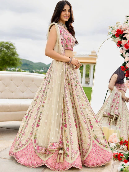 Pink Green Sequins embroidery Tissue Lehenga 6113