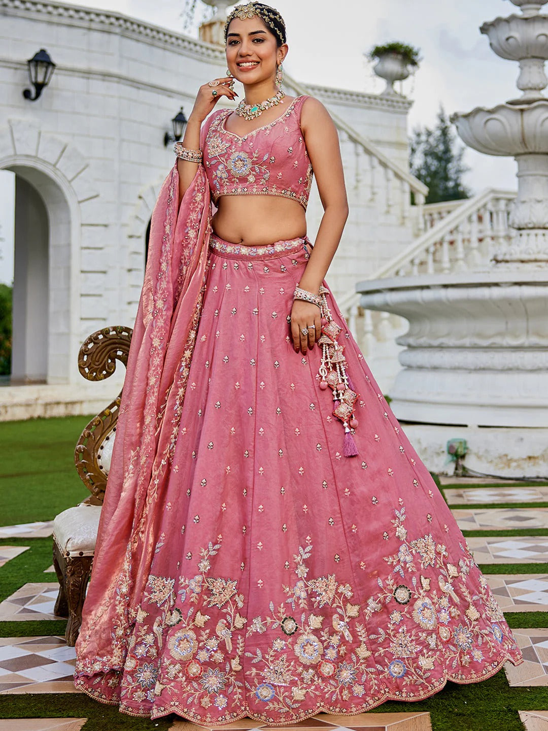 Tissue Fabric Beads & Sequence Embroidered pink Lehenga Choli & Dupatta