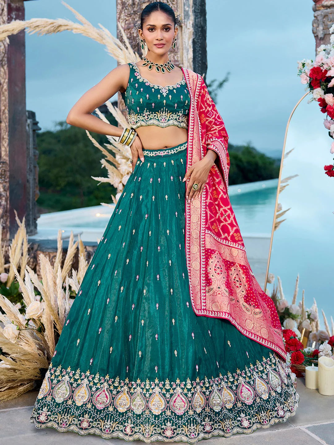 Tissue Fabric Beads & Sequence Embroidered green Lehenga Choli & Dupatta