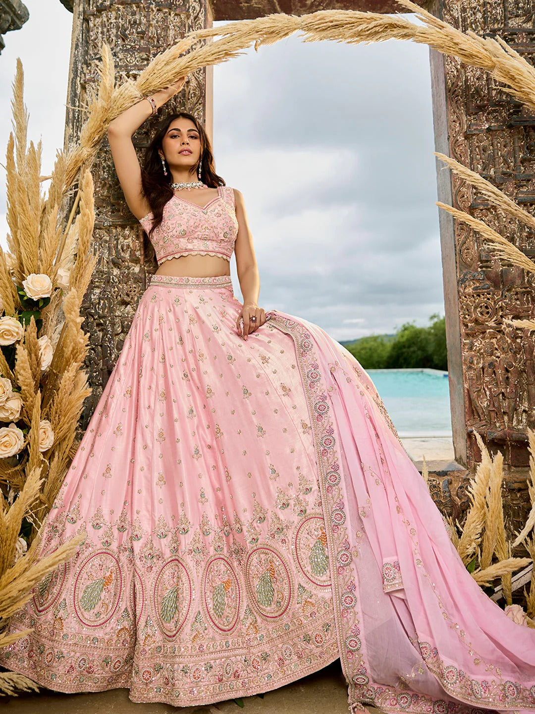Silk Fabric Beads & Sequence Embroidered Pink Lehenga Choli & Dupatta