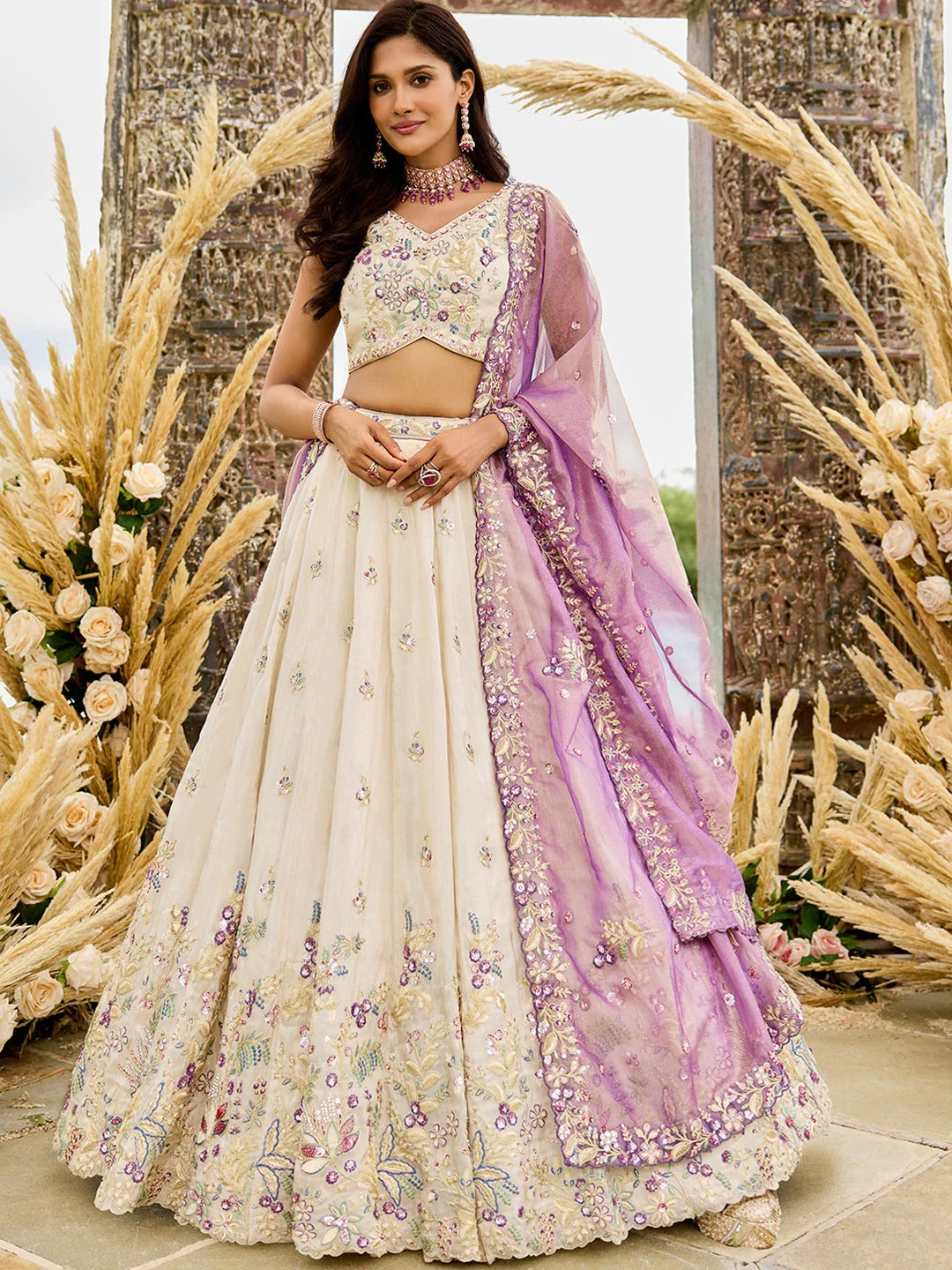 White Purple Lavender Tissue Fabric Sequins Thread & Embroidery White Lehenga