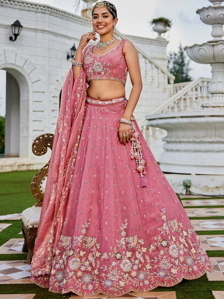 Tissue Fabric Beads & Sequence Embroidered pink Lehenga Choli & Dupatta
