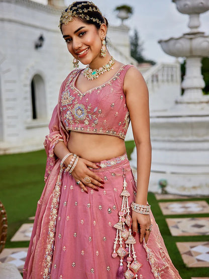 Tissue Fabric Beads & Sequence Embroidered pink Lehenga Choli & Dupatta