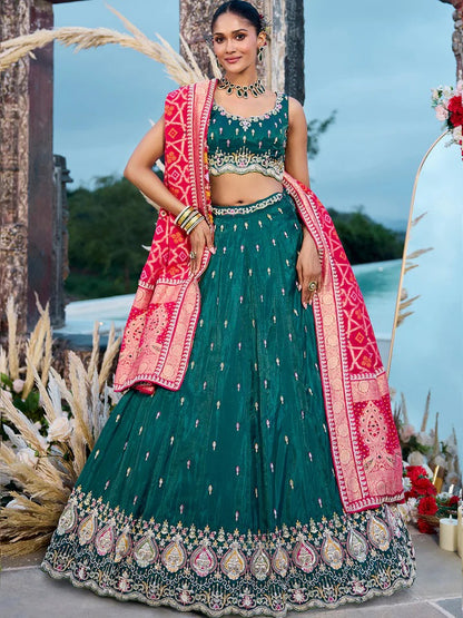 Tissue Fabric Beads & Sequence Embroidered green Lehenga Choli & Dupatta