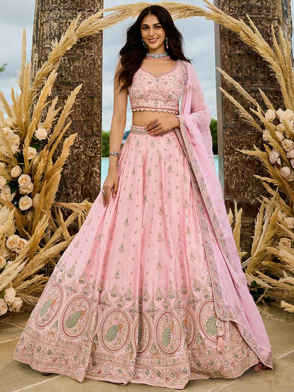 Silk Fabric Beads & Sequence Embroidered Pink Lehenga Choli & Dupatta