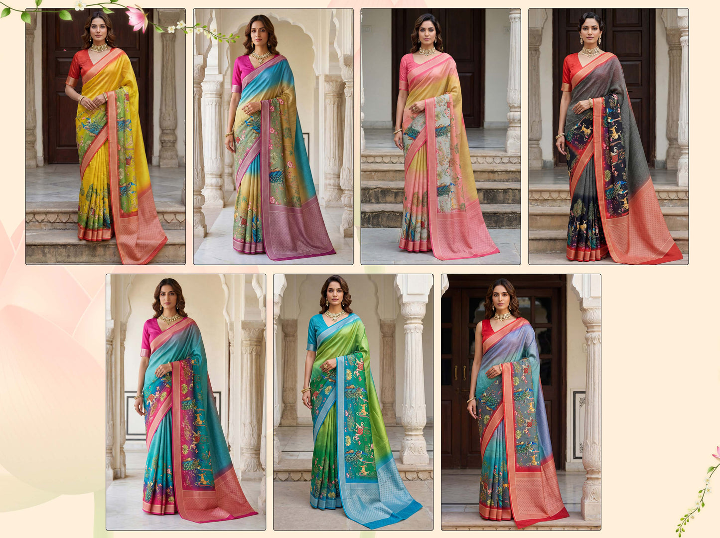 Rama green mustard yellow SILK PICHWAI PRINT Saree 6284 - Shopping World