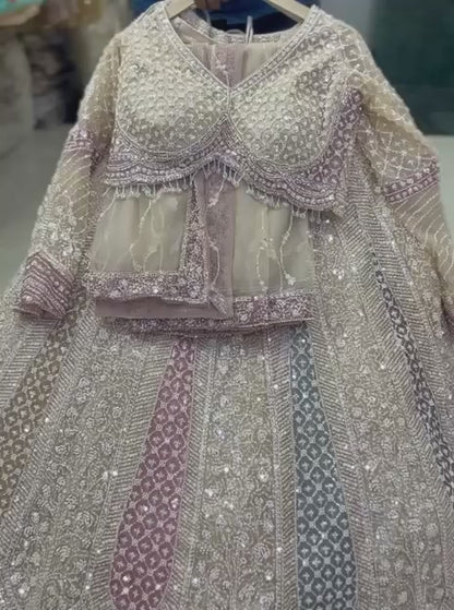 Beige Golden Crop Top Lehenga