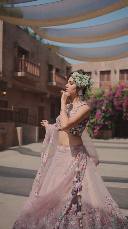 Purple Multi-Color Net Fabric Sequins Work Heavy Floral Embroidered Lehenga