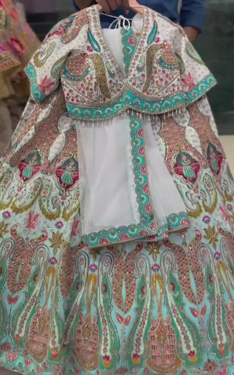 White Blue Multicolour Designer Crop Top Lehenga