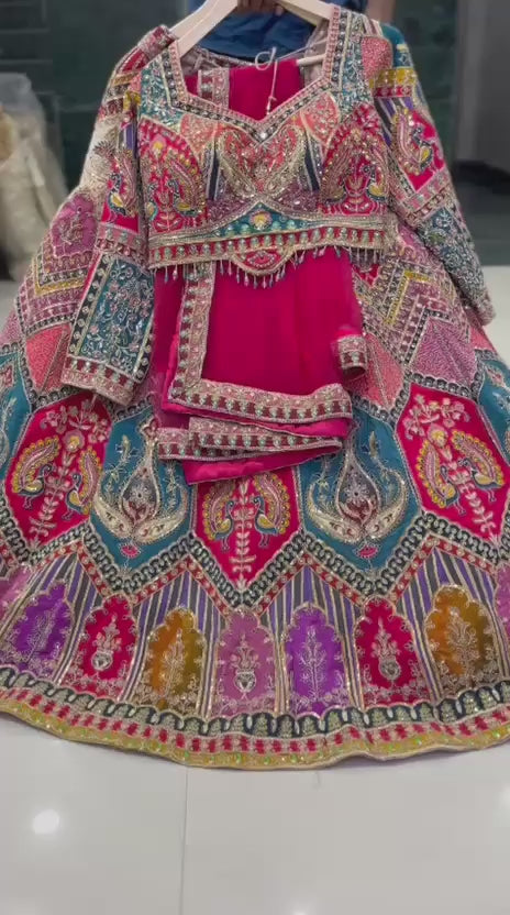 Hot Pink Multicolour Designer Crop Top Lehenga