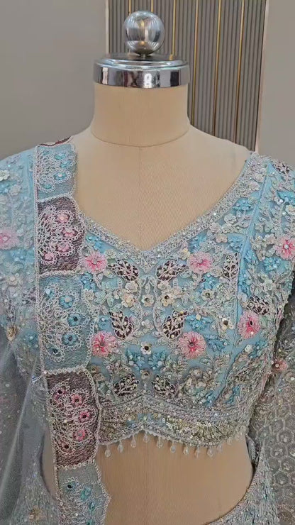 Tremendous Sky blue handwork crop top Lehenga