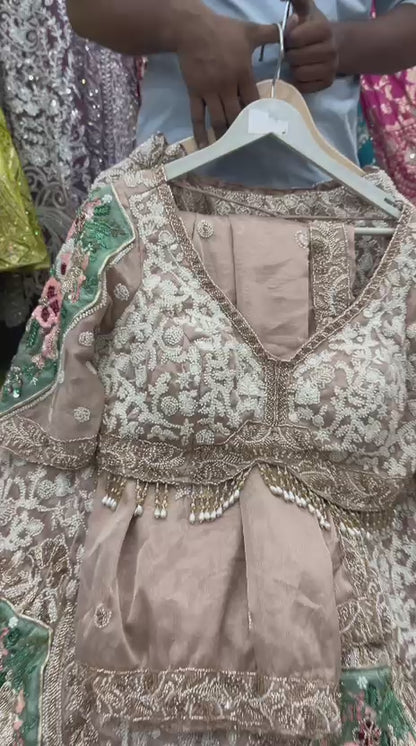White golden green Crop Top Lehenga