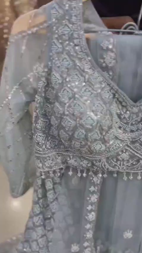 Blue lavender silver fish cut Crop top Lehenga