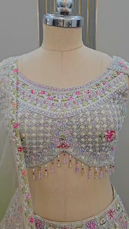 Awesome Lavender Floral Green Crop top Lehengam