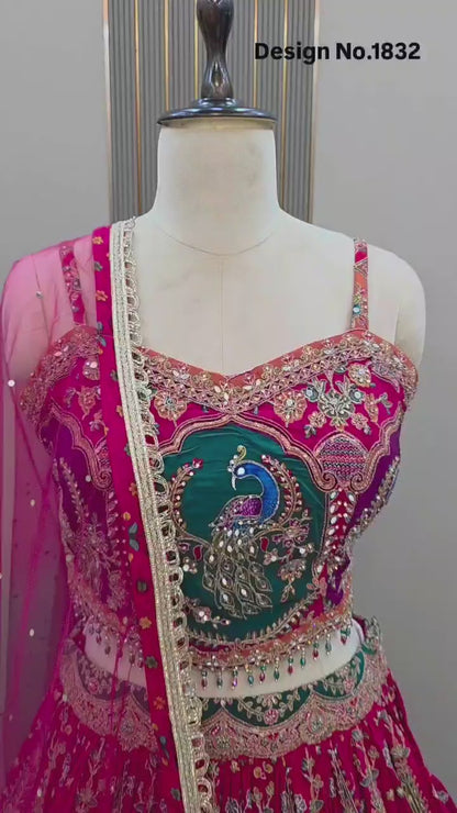 Blue pink peacock Banarasi Crop Top Lehenga