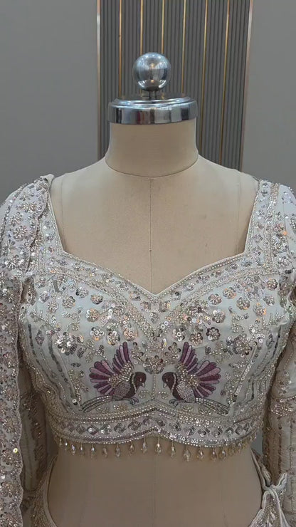 Peacock Beige Golden Crop Top Lehenga