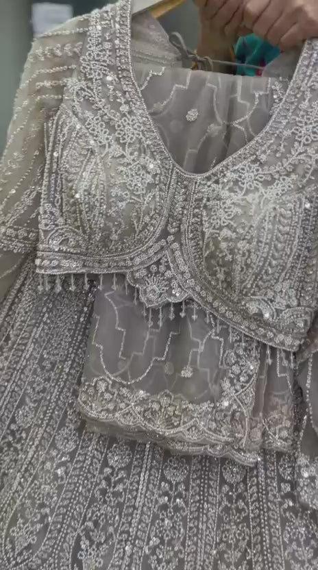 Silver Grey Designer Crop Top Lehenga
