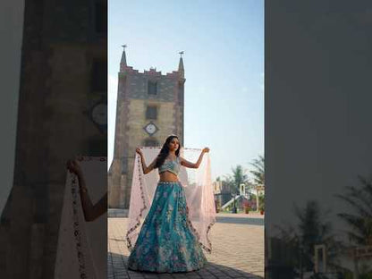 Stunning turquoise green blue pink lehenga Satin Silk Fabric Sequins embroidery