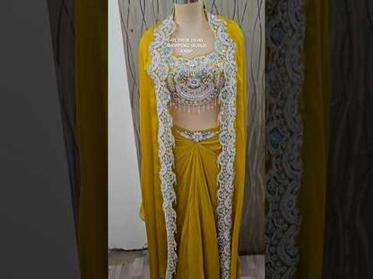 Fabulous yellow Drape Duptta Saree jacket crop top Lehenga Style