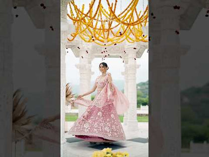 Pink- Organza Fabric Beads & Sequence Embroidered Ready to Wear Crop top Lehenga Choli & Dupatta
