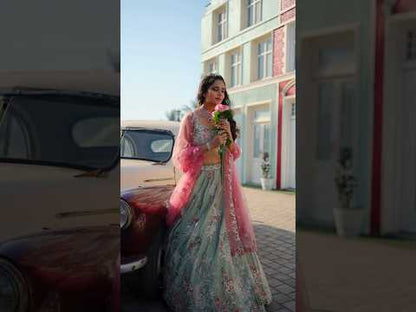 Stunning turquoise green blue pink lehenga Satin Silk Fabric Sequins embroidery