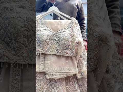 Amazing beige peach skin golden crop top Lehenga