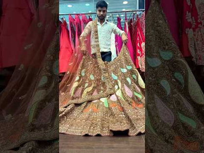 Awesome mustard zardozi dabka handwork handmade bridal Lehenga