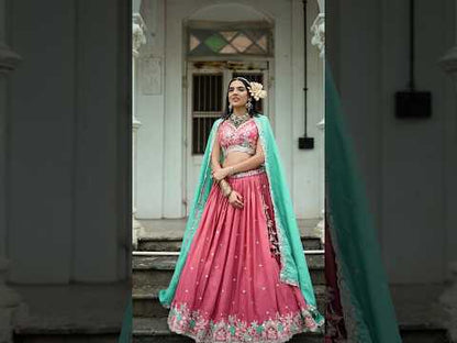 Satin Sequinse embroidery Semi-Stitched Lehenga choli & Dupatta peach pink Lehenga
