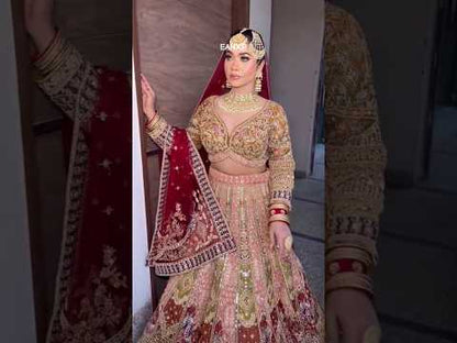 Majestic golden Pink peacock Double Duptta Crop Top Lehenga Happy Customer