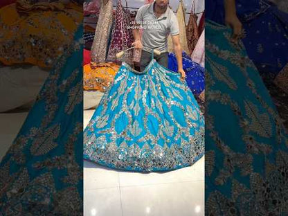 चमकदार मोर टील ब्लू मिरर वर्क लहंगा