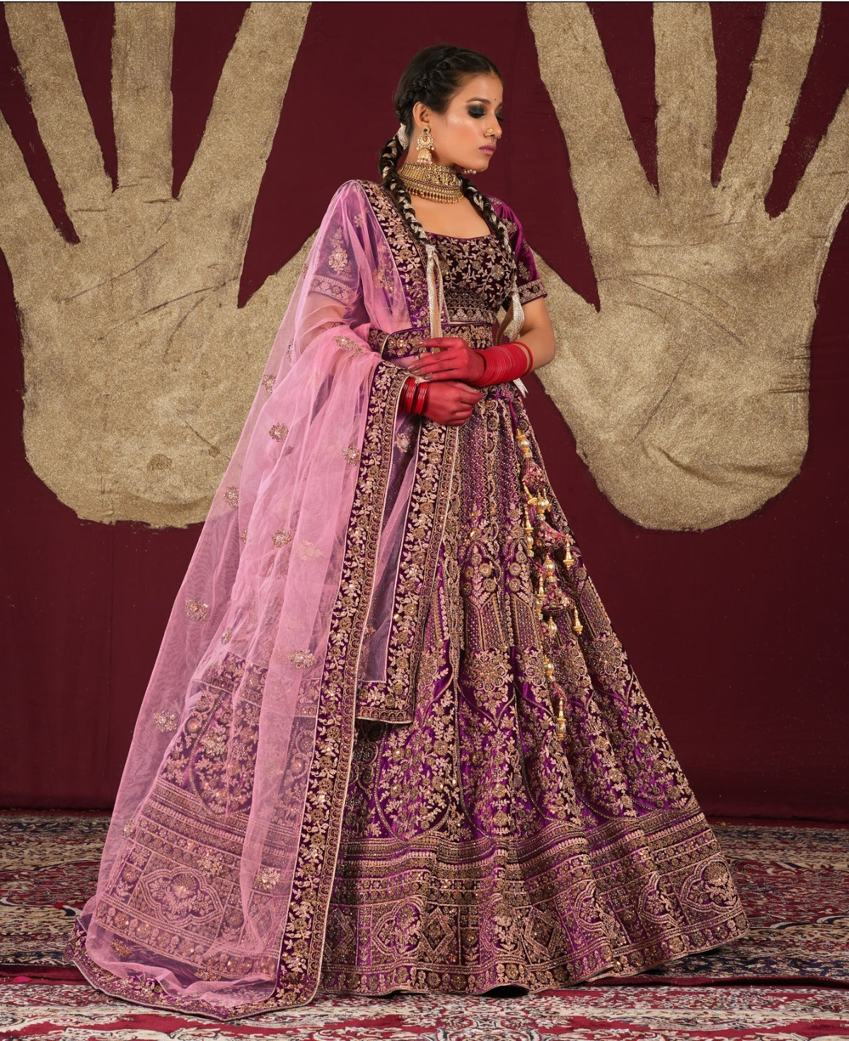 Preciosa lehenga nupcial duptta doble color granate