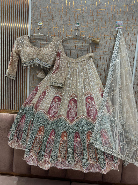 Beige golden Peacock Crop Top Lehenga