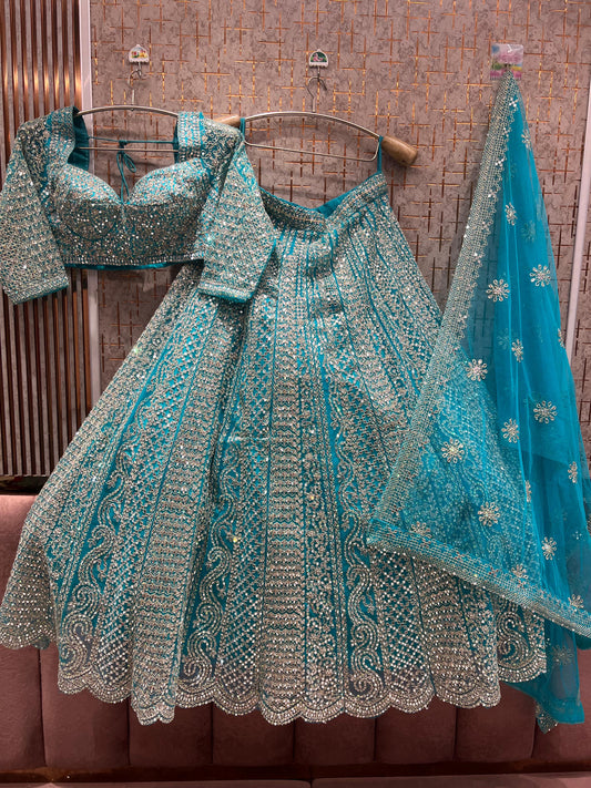 Fabulous Blue Mirror work Crop Top Lehenga