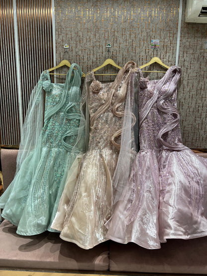 Sea Green peach Lavender Fish cut lehenga