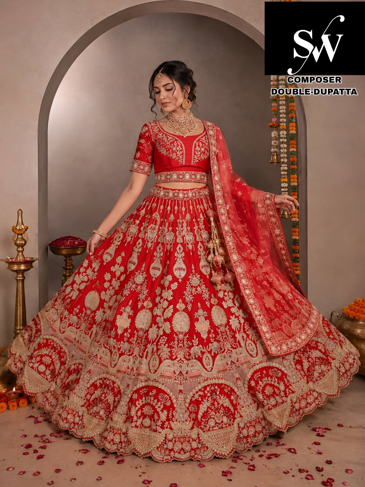 Rani pink silk double dupatta bridal Lehenga
