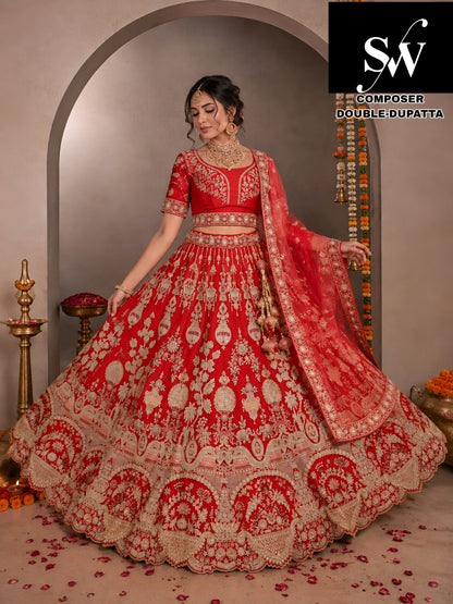 Rani pink silk double dupatta bridal Lehenga