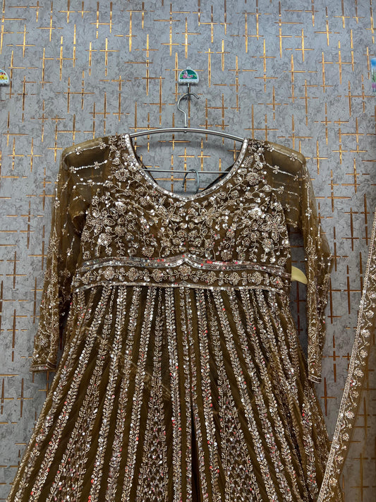 Beige Golden long Farshi Garara Peplum Dress Special