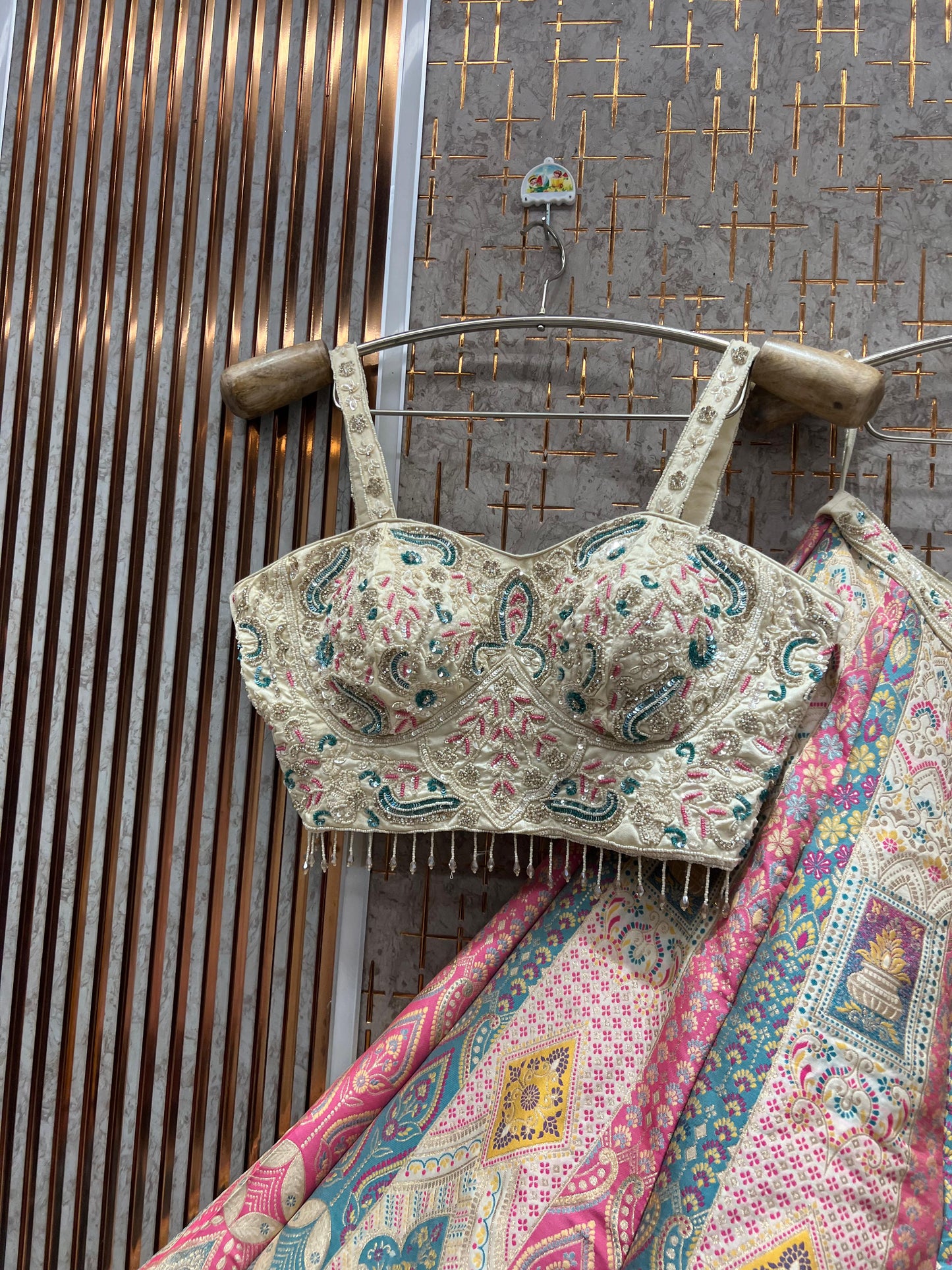 Engaging Beige pink Banarasi crop top Lehenga