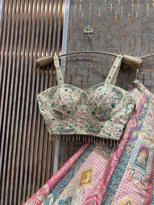 Engaging Beige pink Banarasi crop top Lehenga
