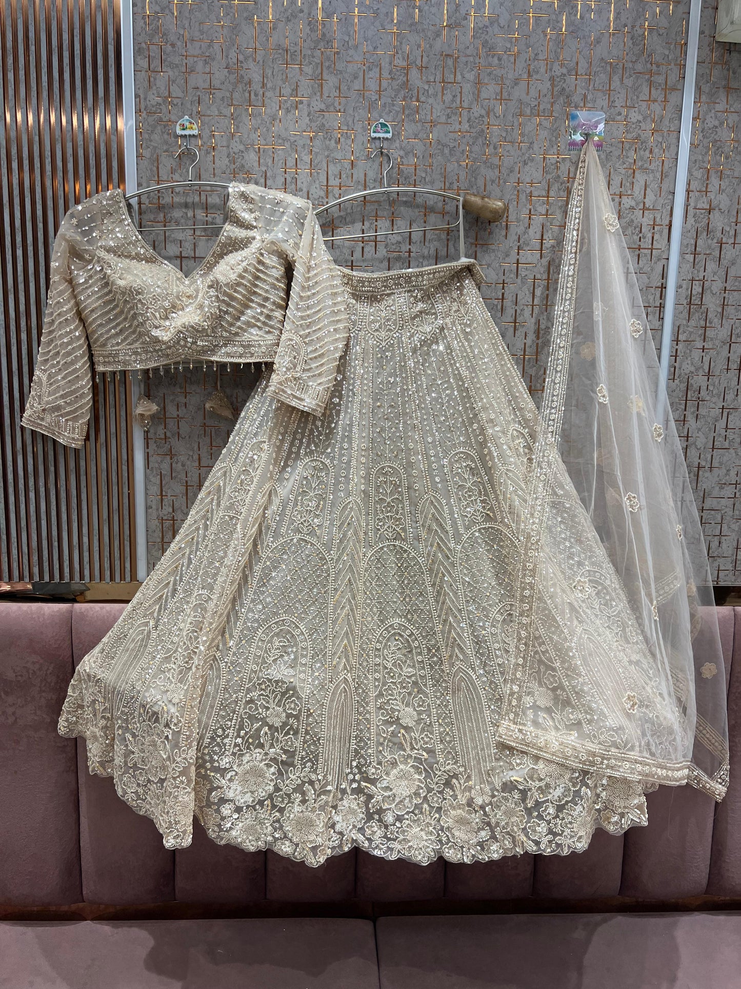 Embellished golden Ready to Wear crop top Lehenga